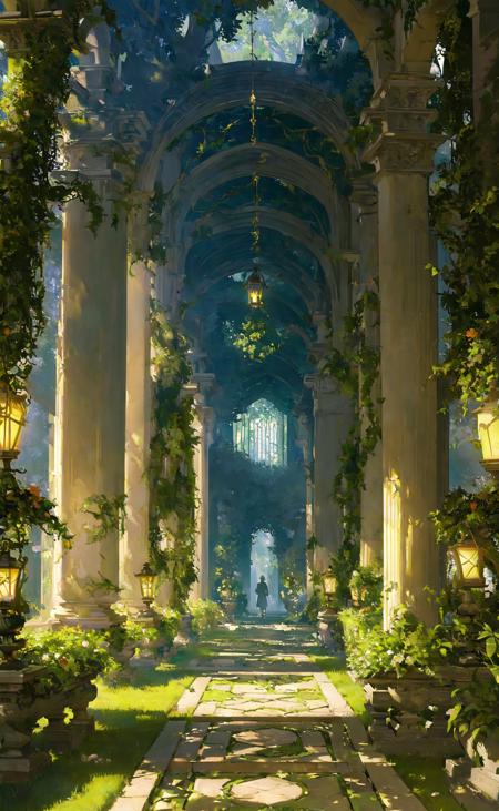 117619-1529341296-(masterpiece, best quality, highly detailed, intricate), a walkway in a garden with lots of green plants and trees on either sid.png